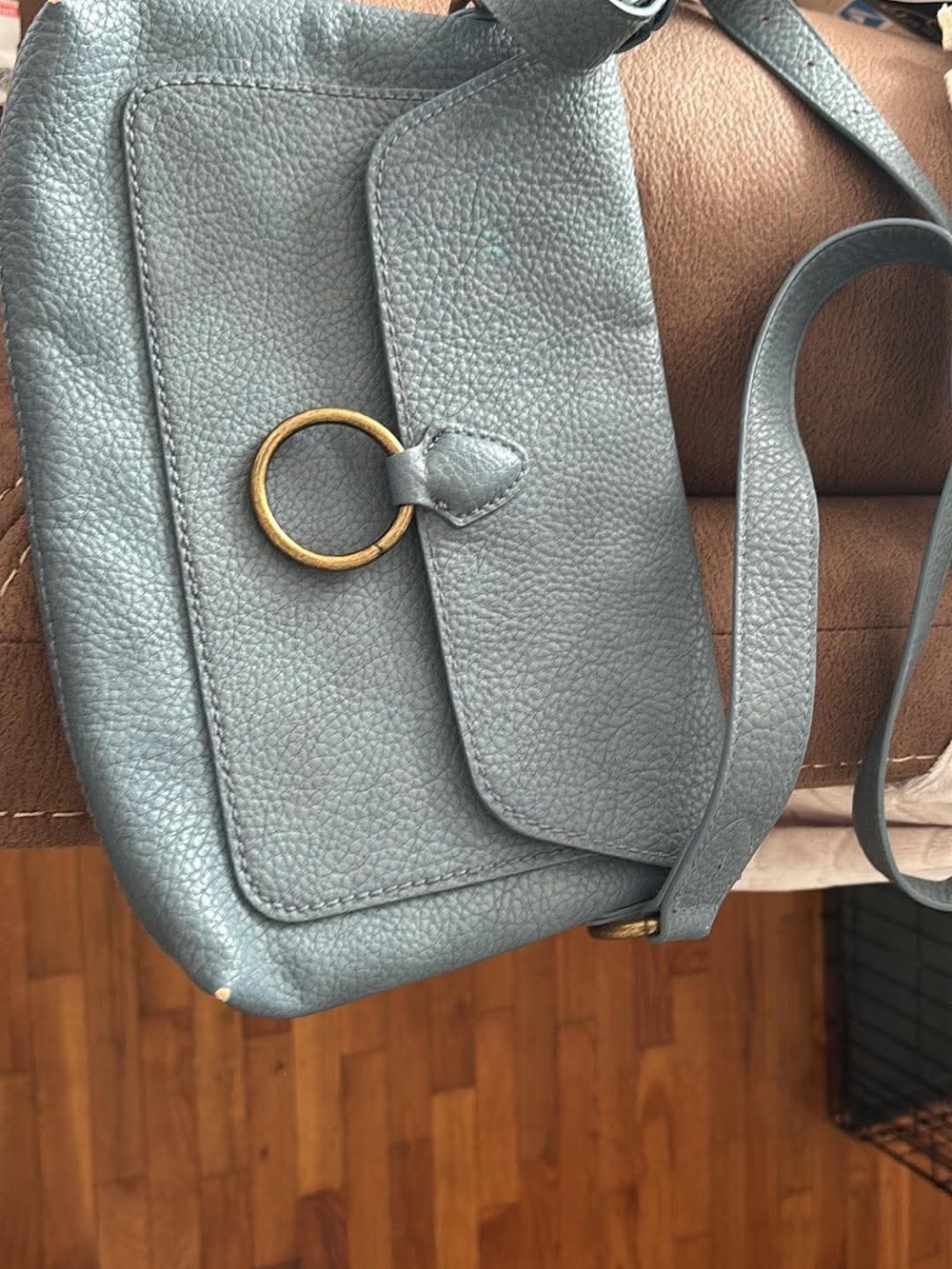 T.J.Maxx Slate Blue Pebbled Leather Crossbody with Gold Ring